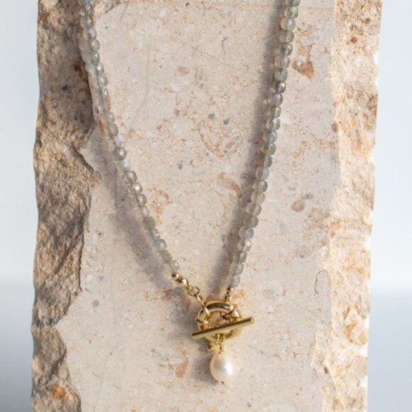 Labradorite Gemstone Necklace Gold Toggle Clasp Removable Pearl Healing Crystal - Picture 12 of 14